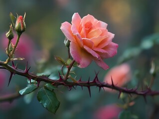 Fototapeta premium Admire Delicate Beauty Of A Blooming Rose Resting On Thorny Stem Against Soft Neutral Background