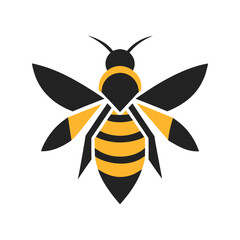 Simple geometric illustration of a honeybee featuring black and yellow colors on white background