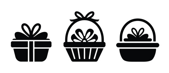 Gift Box and Basket Icons Black Silhouette Set
