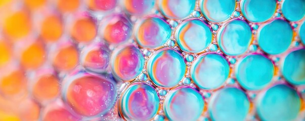 Close-up of colorful soap bubbles with vibrant hues of orange, pink, blue, and purple in a mesmerizing abstract pattern.