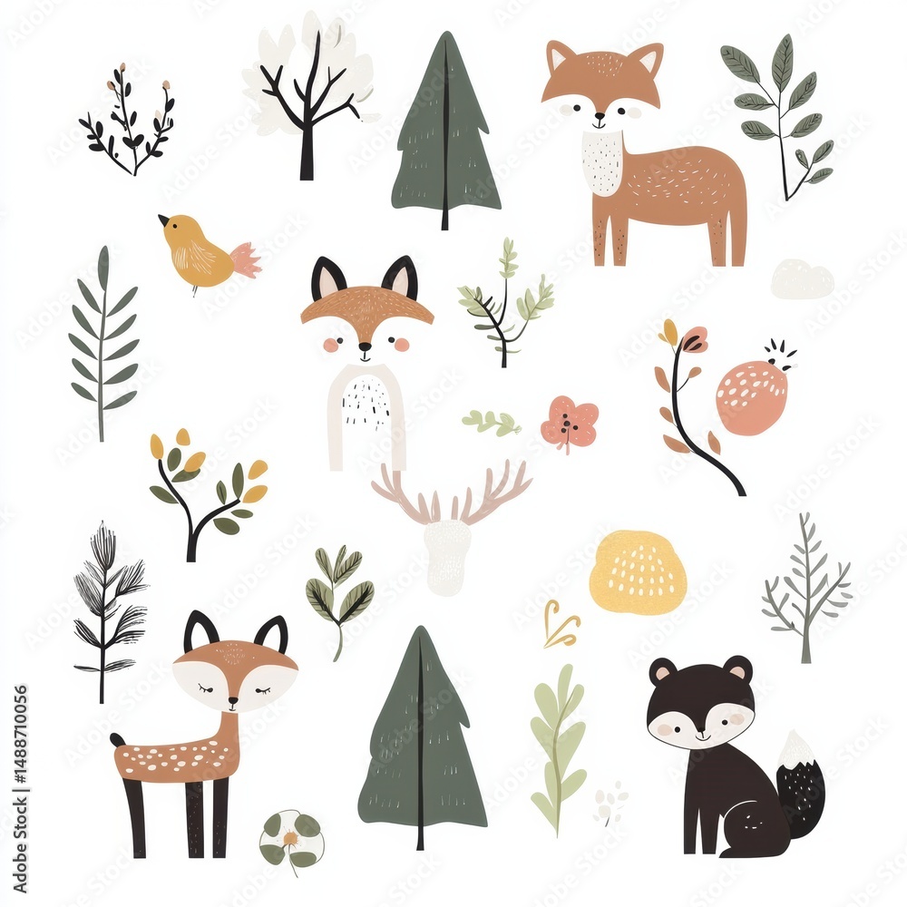 Poster stylized scandinavian nursery forest featuring modern animals with soft colors and clean lines in a 