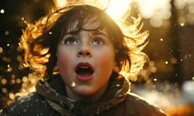 A young boy, awestruck and illuminated by warm sunlight, stands amidst a flurry of snowflakes, embracing the enchanting beauty of winter. His expression reflects pure wonder and joy