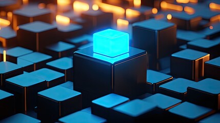 A glowing blue cube positioned within a network of dark cubes.
