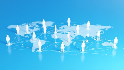 Global network of interconnected people communicating and collaborating over a digital map representation of the world