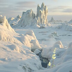 A quiet alien tundra with jagged ice and glowing bioluminescent plants emitting soft cyan and mint green light. Captured at eye level, the scene is cold, surreal, and richly 