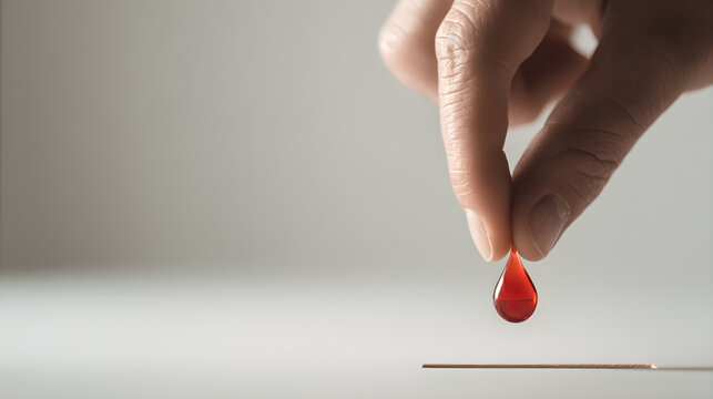 Close-Up of Human Hand Dropping Red Liquid on Surface Conceptual Image Representing Blood Donation, Testing, Medical Decision, or Symbolic Choice