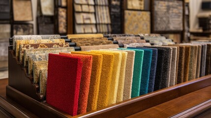 Colorful carpet samples displayed on racks in a home improvement store