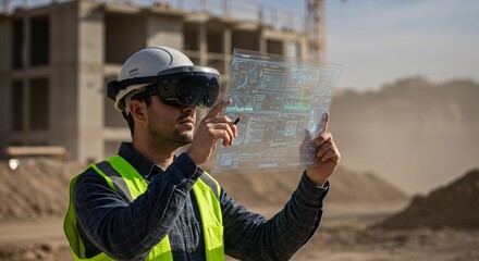 Focused construction professional utilizes an AR headset to examine holographic blueprints and project data directly on a building site, enhancing workflow.