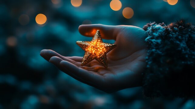 A hand gesture cradling five golden star awards represents victory in the business arena or the recognition of exceptional personal gifts