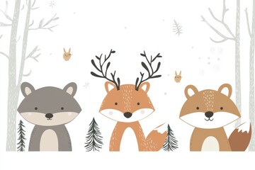 Obraz premium Scandinavian nursery forest design featuring stylized animals like a fox, deer, and bear among trees with a minimalist aesthetic and soft color palette