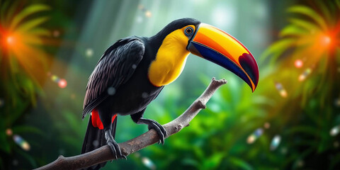 Obraz premium a colourful toucan perched on a tree branch. The toucan is the central subject, displaying a strikingly large, multicoloured beak with shades of green, orange, and blue 