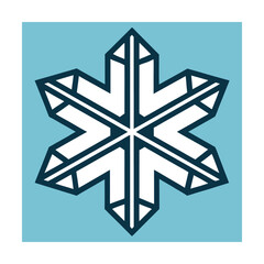 Minimalist snowflake design in white and navy blue on a light blue square for winter themes