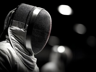 Fencing mask positioned on metallic strip background with blurred opponent evokes competitive spirit and protection