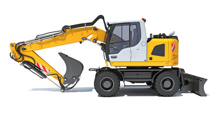 Excavator heavy construction machinery 3D rendering on white background