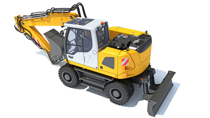 Excavator heavy construction machinery 3D rendering on white background