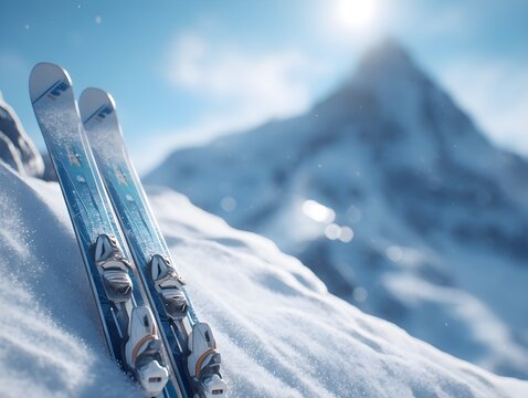 Prepare For Adventure With A Pair Of Skis Resting In The Snow Against Mountain Peaks