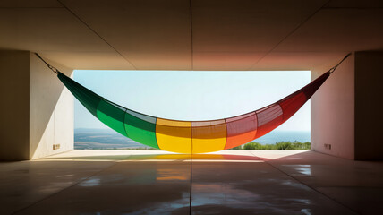 A minimalist architectural photograph of a large curved hammock suspended in a white rectangular opening