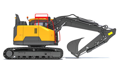 Excavator heavy construction machinery 3D rendering on white background
