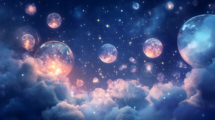 Dreamy Cosmic Bubbles Floating Above Soft Clouds in Night Sky