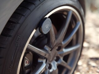 Fototapeta premium Track Tire Pressure Accurately With Graphite Grey Smart Tag Clipped To Valve For Continuous Monitoring