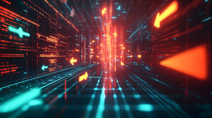 Futuristic Cyber Space with Flowing Neon Arrows and Digital Lights