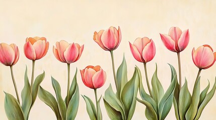 Beautiful pink tulips floral spring blossom flowers botanical illustration art soft plant bloom fresh