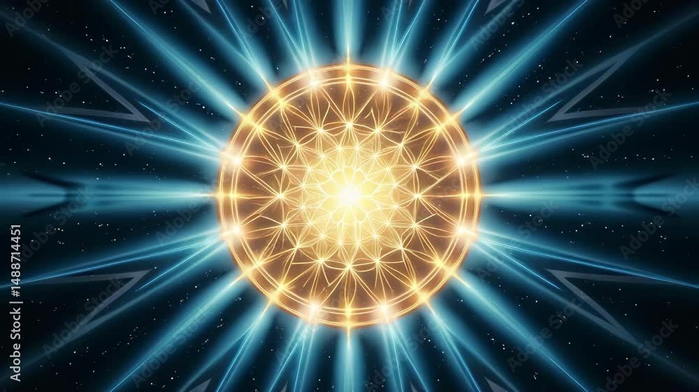 Poster abstract radiant sun with geometric patterns and light rays in space