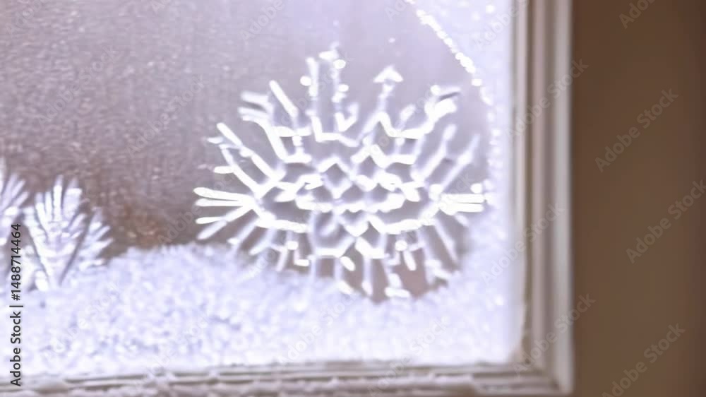 Poster frosted glass window with intricate ice crystal patterns mimicking snowflakes and frost formations, 