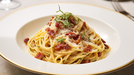 Classic Spaghetti Carbonara - Creamy Italian Pasta with Guanciale and Pecorino - Food Photography