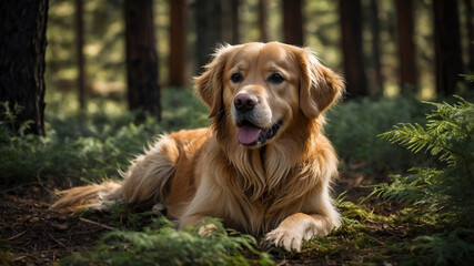 Happy Golden Retriever Running Through Forest Path