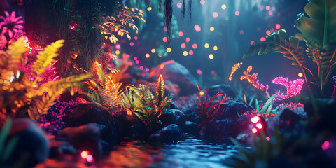 Vibrant Fantasy Jungle Scene with Colorful Lights and Lush Plants
