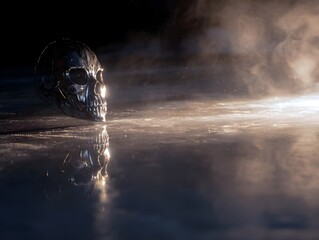 Discover Eerie Reflections With A Skeleton Mask Mirrored On Frozen Ice Surface Under Pale Light