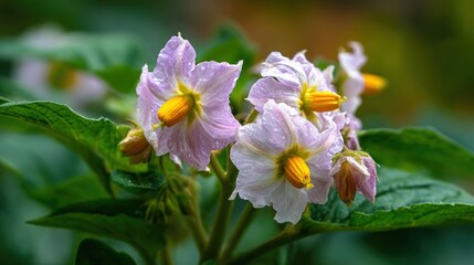 Close-up of delicate, light purple potato blossoms with vibrant yellow stamens, surrounded by lush green foliage