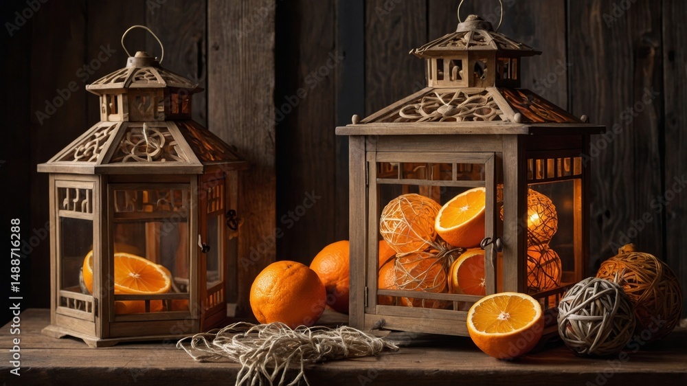 Poster warmly lit lanterns filled with fresh oranges create a cozy atmosphere in a rustic setting on a wood