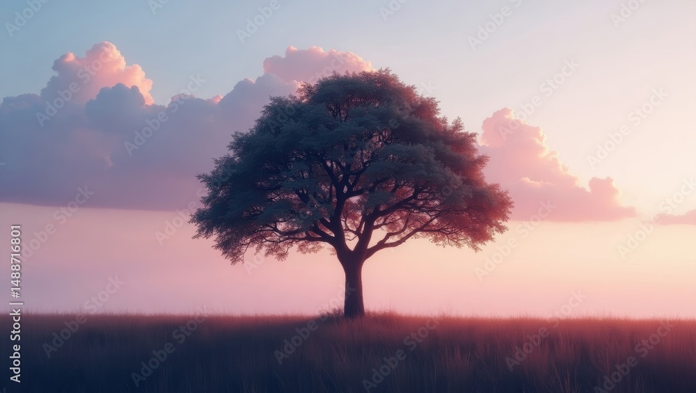 Poster Sunset View of a Solitary Tree Standing in a Grassland With Soft Clouds in the Background on a Calm Evening