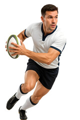Agile Male Rugby Player in White and Dark Blue Uniform Dribbling the Ball with Focused Expression in Isolated Transperant Baground 