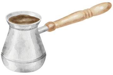 Watercolor illustration of a turkish coffee pot with a wooden handle on transparent background.