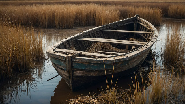 Abandoned Wooden Boat in Coastal Marsh at Low Tide
