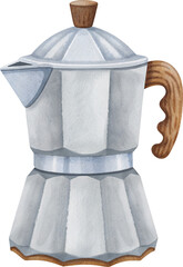Watercolor illustration of a silver moka pot on a transparent background.