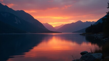 Fototapeta premium Vibrant Sunset Over a Serene Lake Surrounded by Mountains in the Early Evening Hours Reflecting on Calm Waters