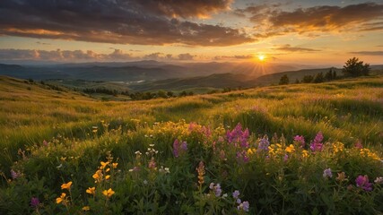 Fototapeta premium Colorful Wildflowers Bloom on a Hillside as the Sun Sets Over the Valley, Casting Warm Light Across the Landscape in Serene Twilight Moments