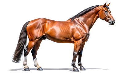 A strong brown horse stands confidently, showing its full body and muscular build isolated on white background