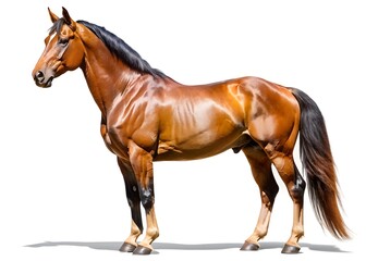 Obraz premium A strong brown horse stands confidently, showing its full body and muscular build isolated on white background