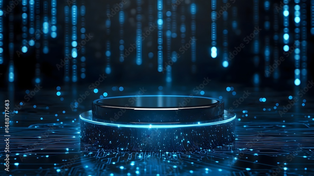 Poster futuristic technology product display podium platform with digital data streams background