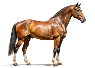 A strong brown horse stands confidently, showing its full body and muscular build isolated on white background