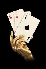 Obraz premium Gold hand holding playing cards Isolated on black background for gambling, casino, and playing card themes