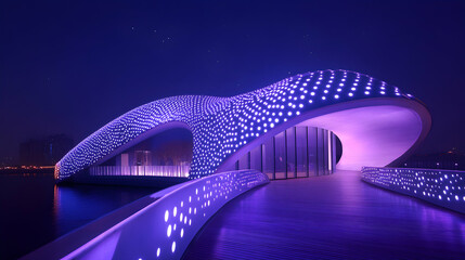 Futuristic Bridge with Vibrant Purple Lighting at Night