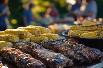Grilled ribs and corn on the cob served at an outdoor event, for food blogs, recipe websites, and culinary promotions.
