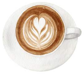 Watercolor latte art in white cup on saucer on a transparent background.