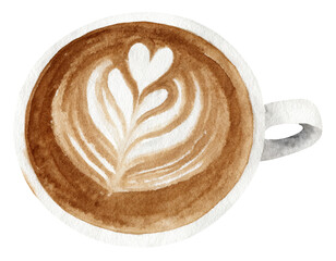 Watercolor coffee cup with latte art on a transparent background.